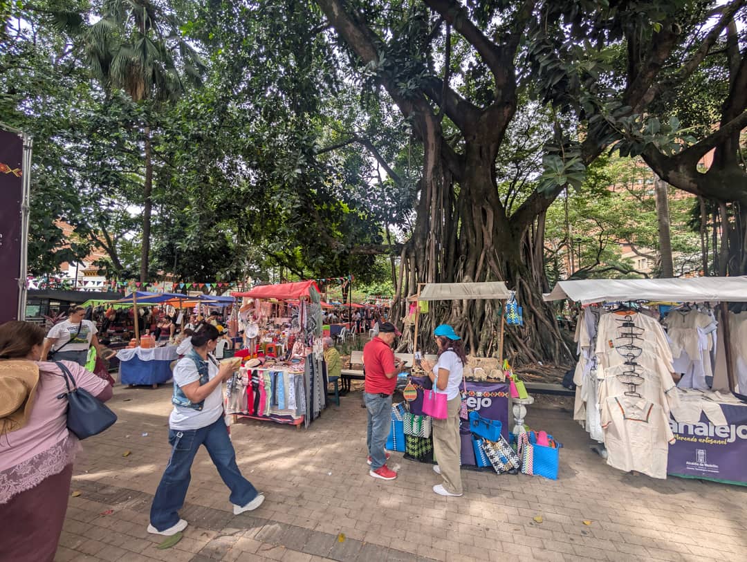 Stalls in the shade of the trees by the park.