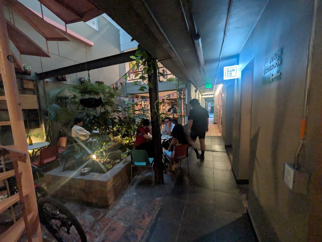 The courtyard, the stairs and the bookshop.