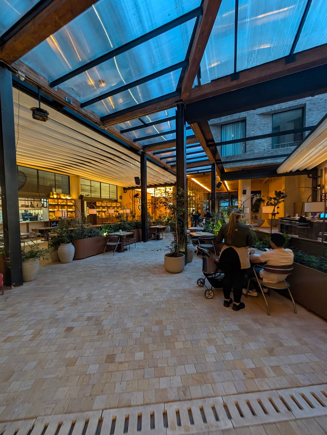 An arcade of cafés under a glass roof.