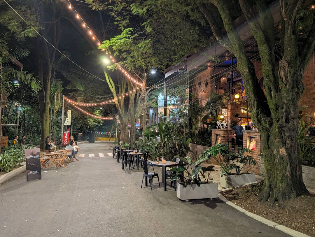 Provenza. Bulbs in the treetops and tables on the pavement.