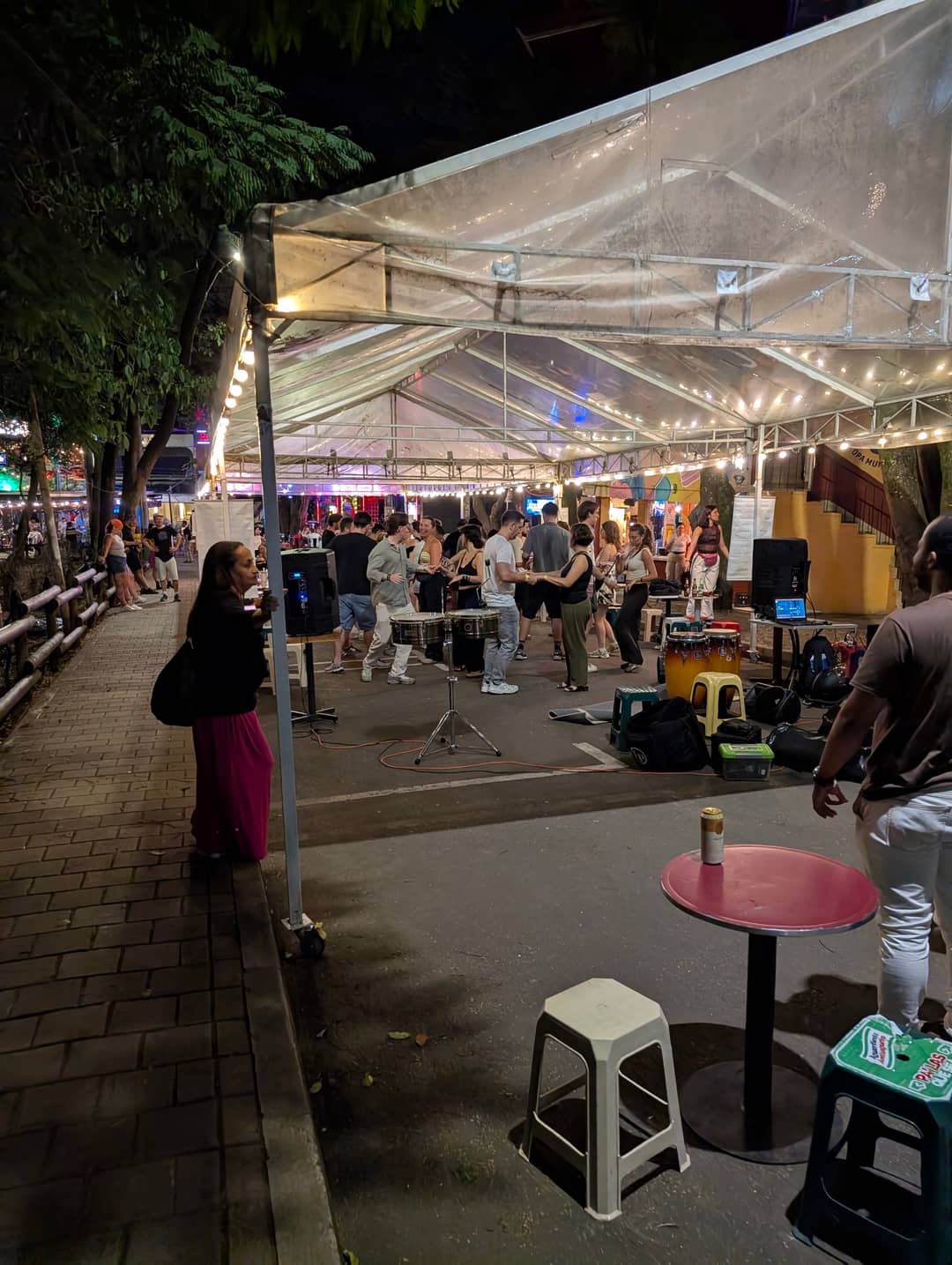 Tents, a speaker and a band right on the street.
