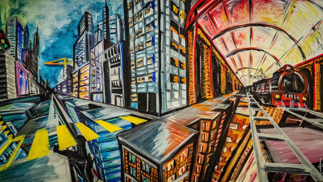 An exhibition upstairs: the city painted from inside the metro.