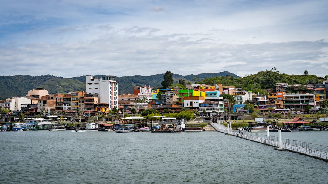 The Guatapé waterfront from the water.